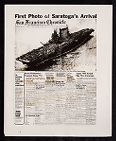 Newspaper headlines of San Francisco Chronicle, Sept 14th: "First Photo of Saratoga's Arrival" and caption with photo explaining deck is packed with Navy veterans of the Pacific War (1945) 